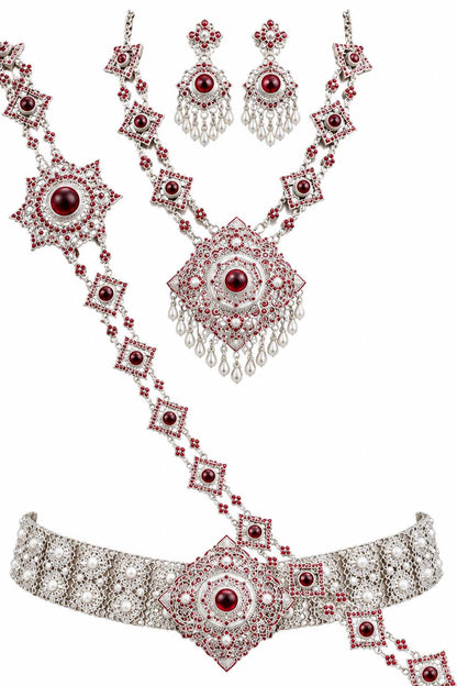 Thai Traditional Bridal Jewelry Set – Silver with Red Stones 🇹🇭
