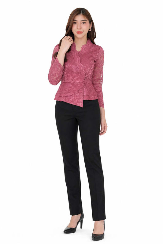 Ladies authentic Thai lace blouse for women featuring elegant floral lace, long sleeves, scalloped high neckline, wrap-style design, decorative fabric-covered buttons, peplum waist and tailored fitted silhouette. Paired with a traditional Thai patterned sarong skirt, this classic Thai outfit is perfect for weddings, temple visits, cultural ceremonies, festivals, formal events and special occasions. Amazon Etsy eBay Siam Regal