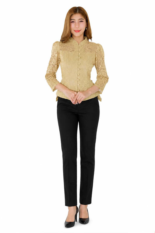 Ladies authentic Thai lace blouse for women featuring elegant floral lace, long sleeves, Mandarin collar, traditional fabric-covered buttons and a tailored fitted silhouette. Paired with a traditional Thai patterned sarong skirt, this classic Thai formal outfit is perfect for weddings, temple visits, cultural ceremonies, festivals, receptions and special occasions. Amazon Etsy eBay Siam Regal
