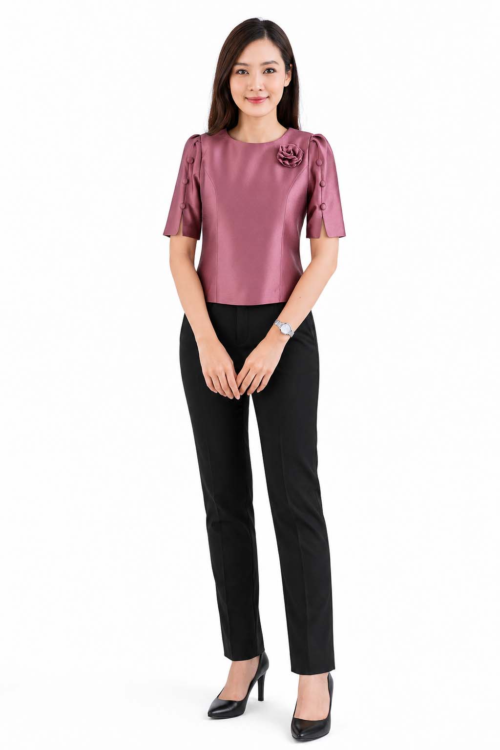Ladies authentic Thai silk blouse for women with elegant half sleeves, round neckline, decorative fabric-covered buttons, floral brooch detail and a tailored fitted silhouette. Paired with a traditional Thai patterned sarong skirt, this classic Thai formal outfit is perfect for weddings, temple visits, cultural ceremonies, festivals, receptions and special occasions. Amazon Etsy eBay Siam Regal