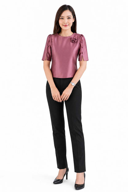 Ladies authentic Thai silk blouse for women with elegant half sleeves, round neckline, decorative fabric-covered buttons, floral brooch detail and a tailored fitted silhouette. Paired with a traditional Thai patterned sarong skirt, this classic Thai formal outfit is perfect for weddings, temple visits, cultural ceremonies, festivals, receptions and special occasions. Amazon Etsy eBay Siam Regal