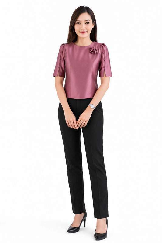 Ladies authentic Thai silk blouse for women with elegant half sleeves, round neckline, decorative fabric-covered buttons, floral brooch detail and a tailored fitted silhouette. Paired with a traditional Thai patterned sarong skirt, this classic Thai formal outfit is perfect for weddings, temple visits, cultural ceremonies, festivals, receptions and special occasions. Amazon Etsy eBay Siam Regal