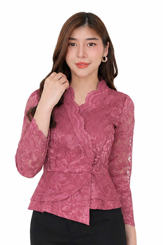 Ladies authentic Thai lace blouse for women featuring elegant floral lace, long sleeves, scalloped high neckline, wrap-style design, decorative fabric-covered buttons, peplum waist and tailored fitted silhouette. Paired with a traditional Thai patterned sarong skirt, this classic Thai outfit is perfect for weddings, temple visits, cultural ceremonies, festivals, formal events and special occasions. Amazon Etsy eBay Siam Regal