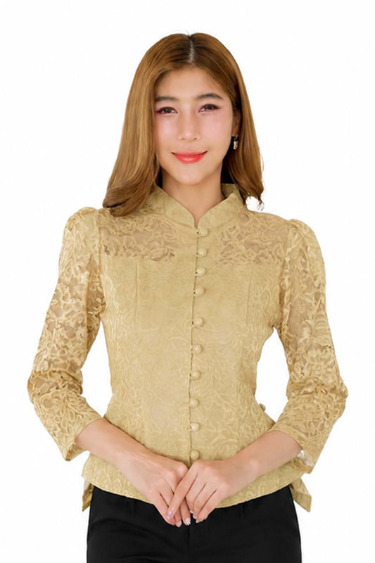 Ladies authentic Thai lace blouse for women featuring elegant floral lace, long sleeves, Mandarin collar, traditional fabric-covered buttons and a tailored fitted silhouette. Paired with a traditional Thai patterned sarong skirt, this classic Thai formal outfit is perfect for weddings, temple visits, cultural ceremonies, festivals, receptions and special occasions. Amazon Etsy eBay Siam Regal