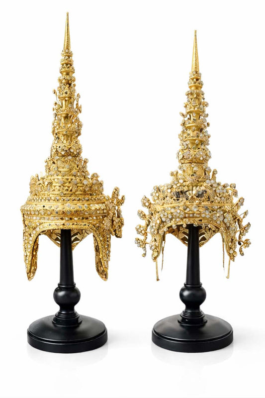Thai Ornate Headdress: King & Queen Traditional Gold Antique Crown, Wedding Cultural Dance