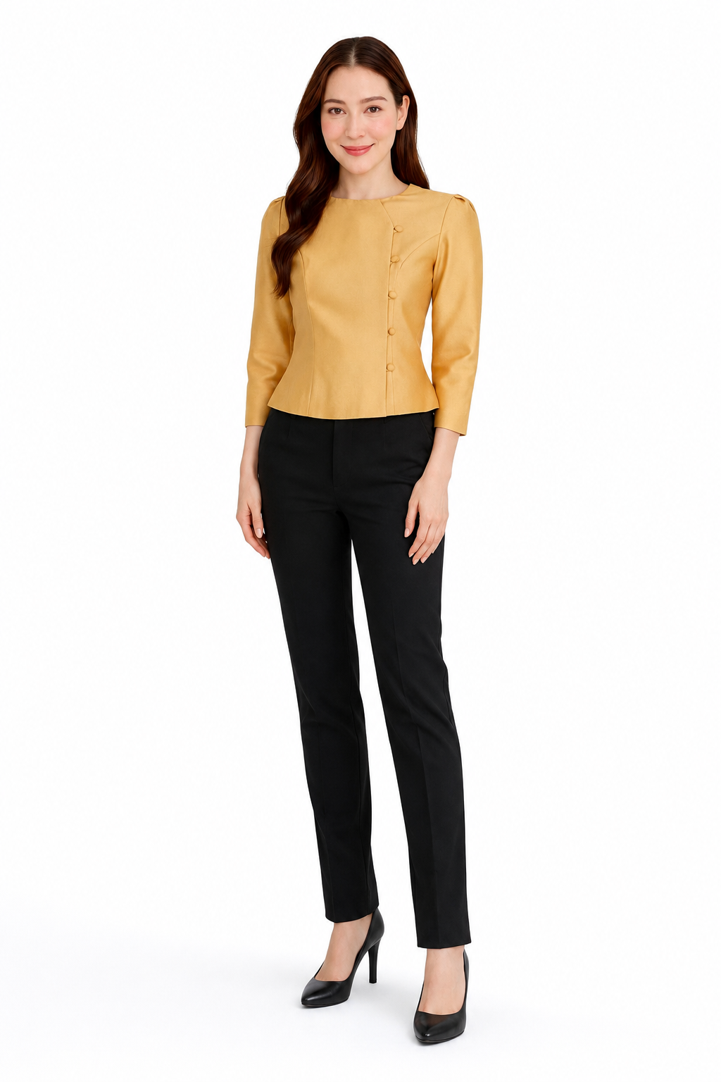 Women's authentic Thai silk blouse in golden yellow with elegant 3/4 sleeves, round neckline, traditional fabric-covered side buttons and a tailored fitted silhouette. Paired with a traditional Women's Thai patterned sarong skirt, this classic Thai outfit is ideal for weddings, temple visits, cultural ceremonies, festivals, formal events and special occasions. Amazon Etsy eBay Siam Regal