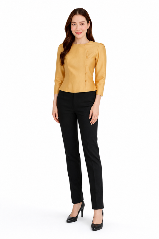 Women's authentic Thai silk blouse in golden yellow with elegant 3/4 sleeves, round neckline, traditional fabric-covered side buttons and a tailored fitted silhouette. Paired with a traditional Women's Thai patterned sarong skirt, this classic Thai outfit is ideal for weddings, temple visits, cultural ceremonies, festivals, formal events and special occasions. Amazon Etsy eBay Siam Regal