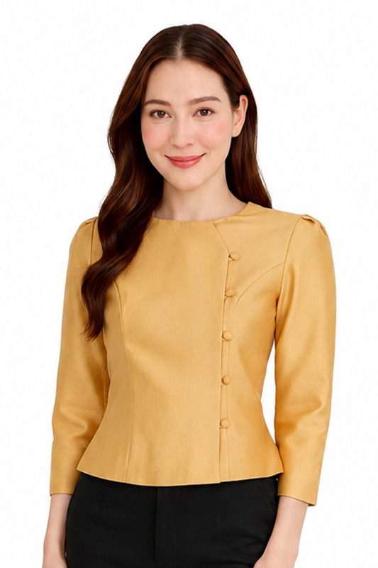 Women's authentic Thai silk blouse in golden yellow with elegant 3/4 sleeves, round neckline, traditional fabric-covered side buttons and a tailored fitted silhouette. Paired with a traditional Women's Thai patterned sarong skirt, this classic Thai outfit is ideal for weddings, temple visits, cultural ceremonies, festivals, formal events and special occasions. Amazon Etsy eBay Siam Regal