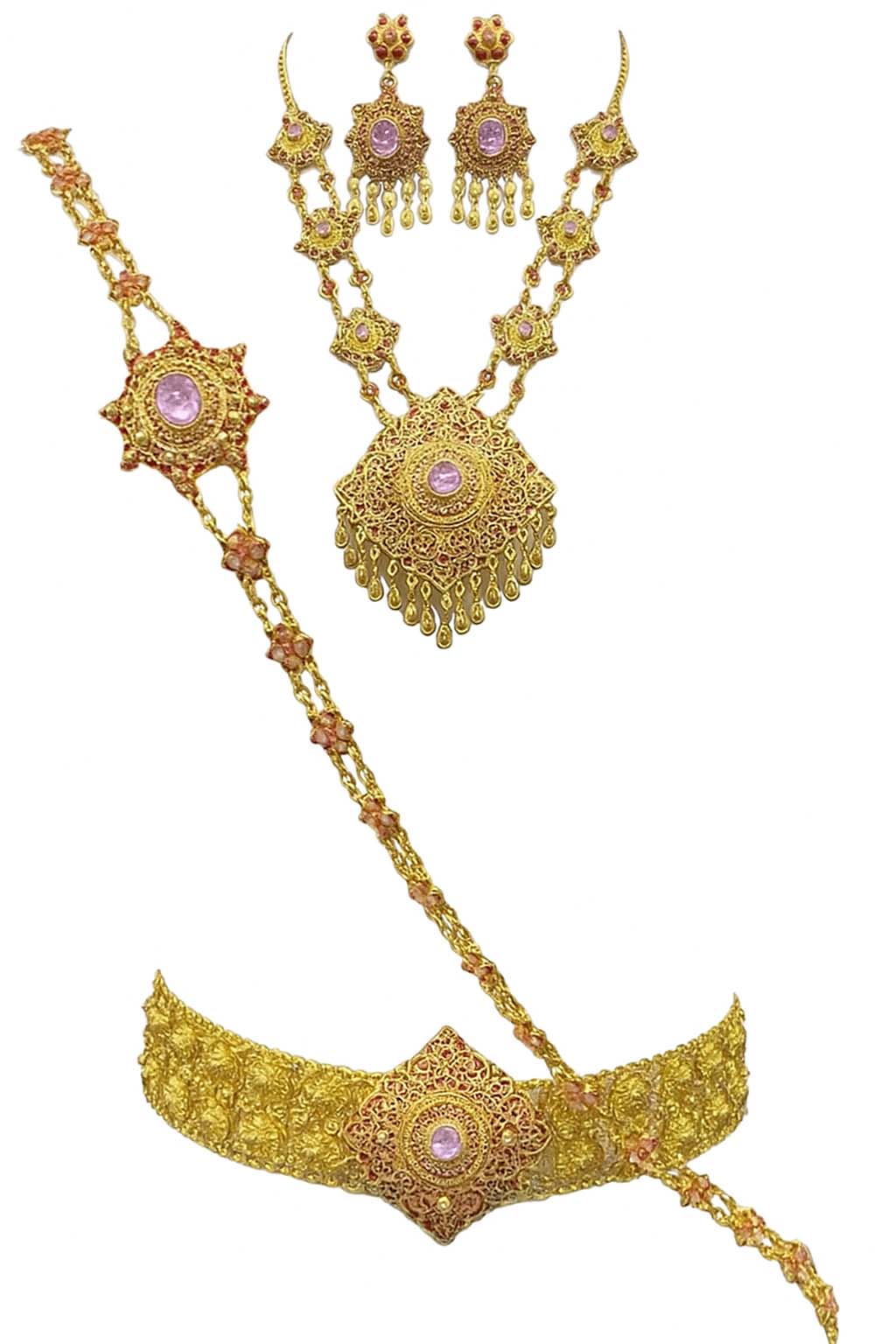Authentic Thai wedding jewelry set in gold featuring an ornate statement necklace, matching earrings, engraved waist belt and traditional shoulder chain with pink gemstone accents. Inspired by classic Thai royal bridal jewelry, this luxury Thai accessory set is perfect for Thai weddings, cultural ceremonies, traditional dance, festivals, pageants and formal occasions. Amazon Etsy eBay Siam Regal