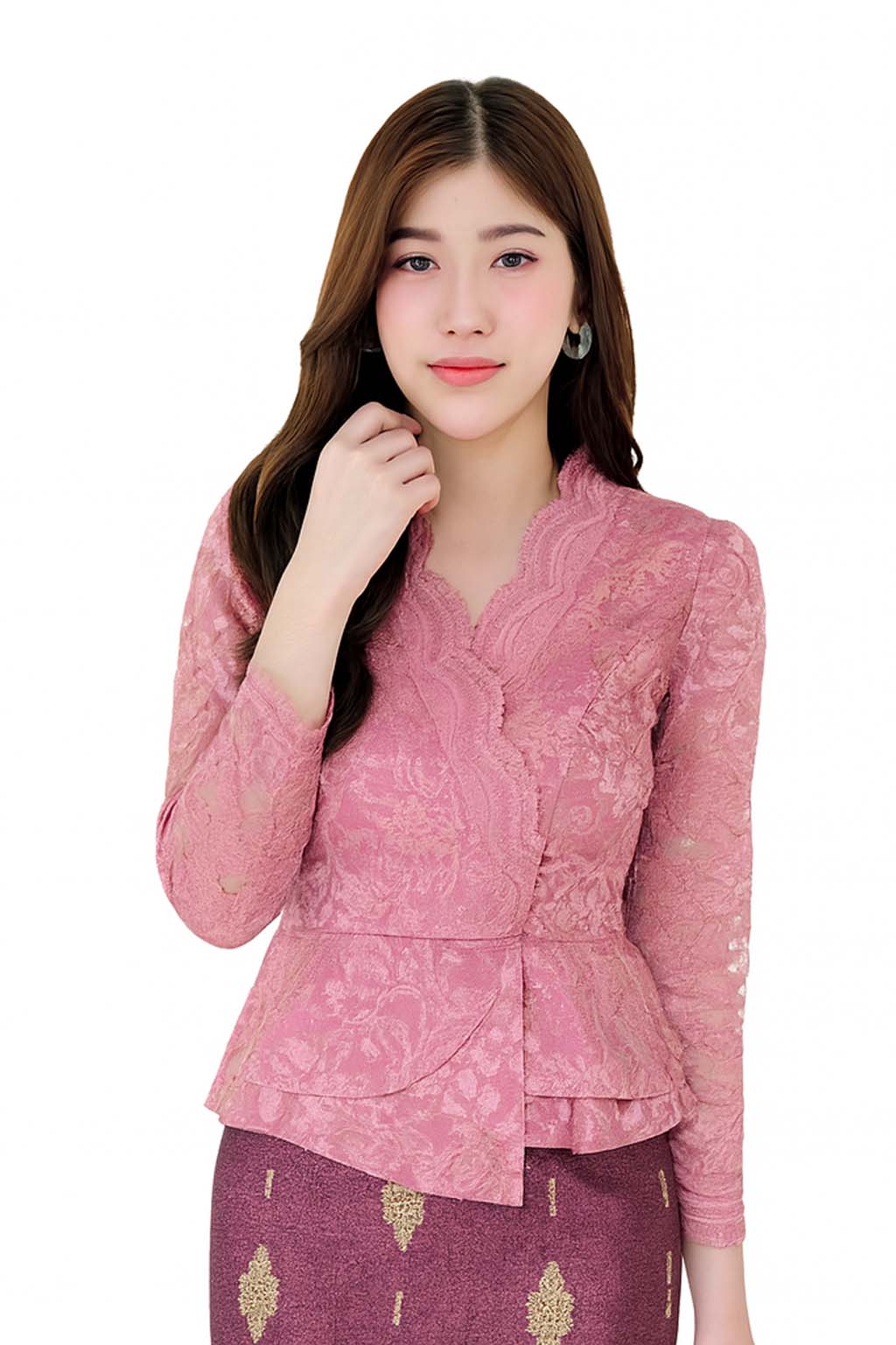 Siam Regal's Ladies Thai Silk Lace Blouse White Pear Button Asymmetrical Button Up