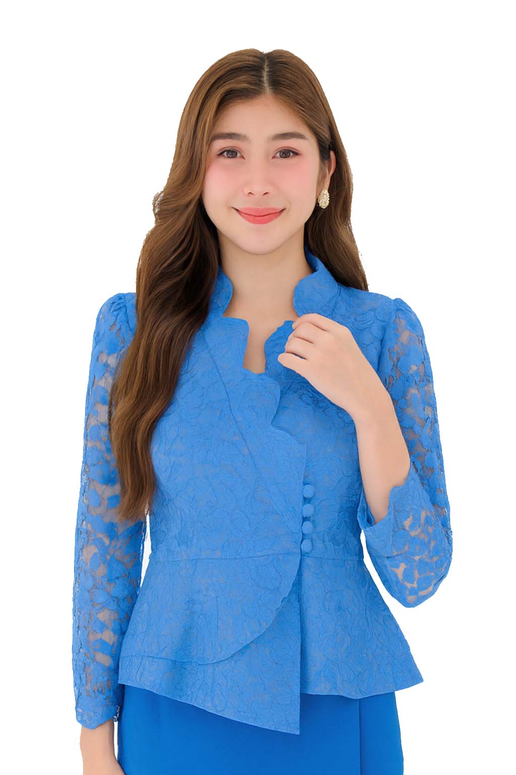 Siam Regal's Ladies Thai Silk Lace Blouse White Pear Button Asymmetrical Button Up