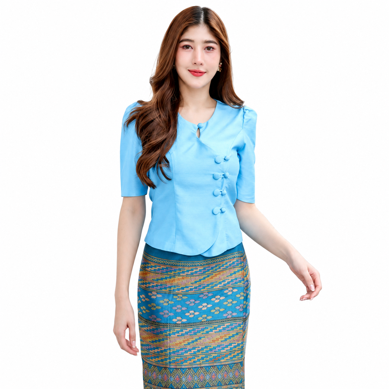 Ladies authentic Thai silk blouse for women with elegant half sleeves, round neckline, traditional fabric-covered buttons, asymmetrical wrap-front design and tailored fitted silhouette. Paired with a matching Thai silk skirt, this classic Thai formal outfit is perfect for weddings, temple visits, cultural ceremonies, business events, receptions and special occasions. Amazon Etsy eBay Siam Regal