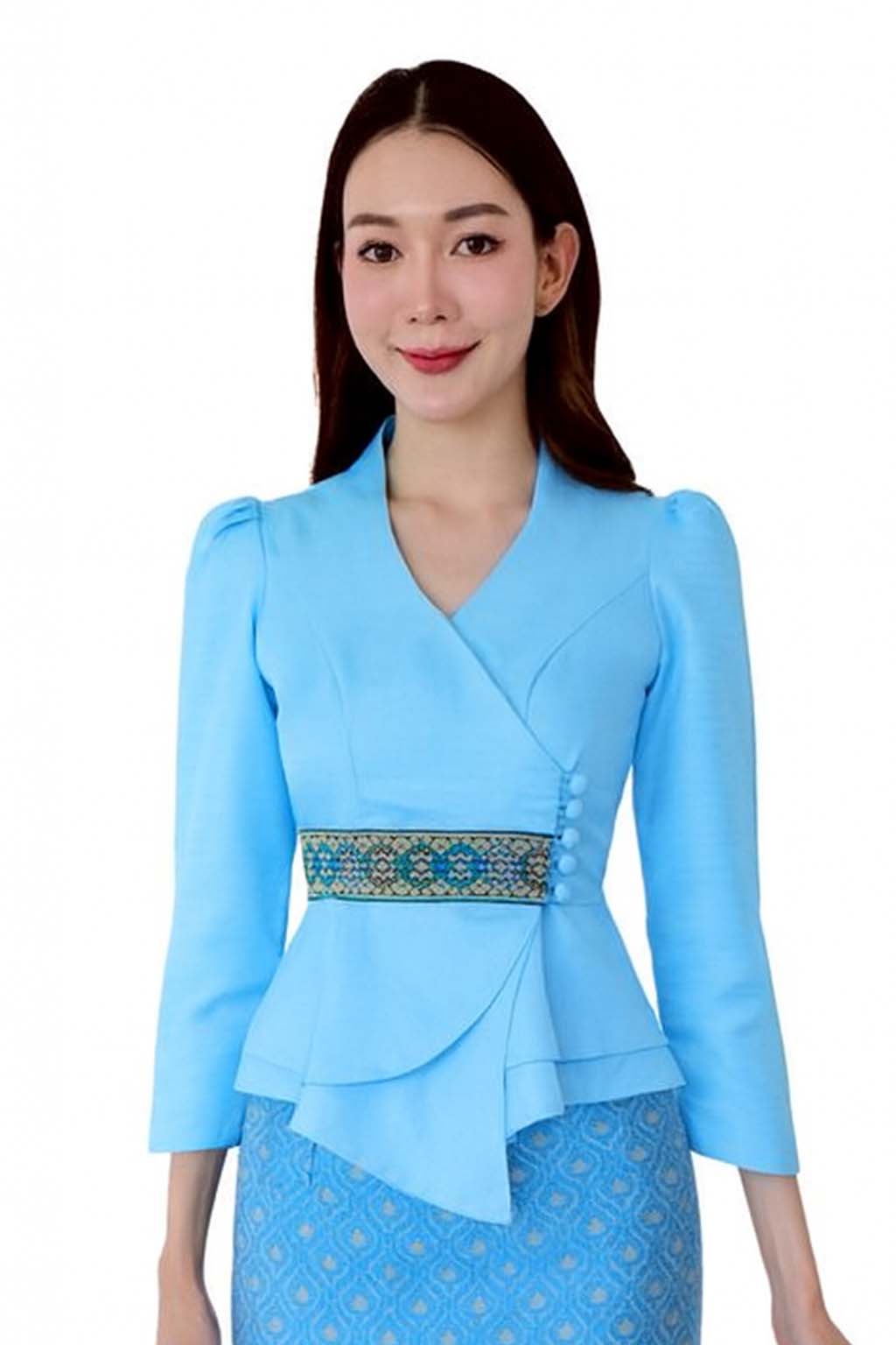 Ladies authentic Thai silk blouse for women with elegant long sleeves, V-neck wrap-style neckline, decorative fabric-covered buttons, traditional Thai woven waist trim and layered peplum hem. Tailored fitted silhouette inspired by classic Thai clothing, perfect for weddings, temple visits, cultural ceremonies, festivals, formal events and special occasions. Amazon Etsy eBay Siam Regal