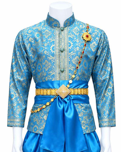 Men’s Traditional Thai Outfit – Sky Blue 3 Piece Silk Wedding Set | Siam Regal 🇹🇭
