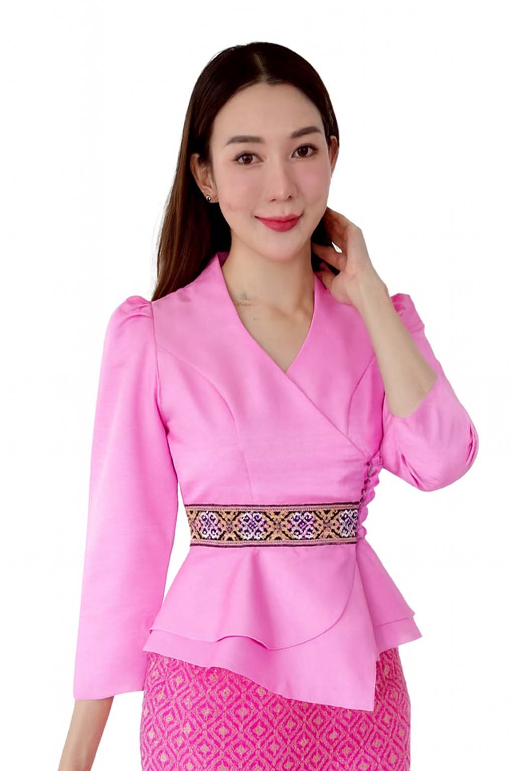 Ladies authentic Thai silk blouse for women with elegant long sleeves, V-neck wrap-style neckline, decorative fabric-covered buttons, traditional Thai woven waist trim and layered peplum hem. Tailored fitted silhouette inspired by classic Thai clothing, perfect for weddings, temple visits, cultural ceremonies, festivals, formal events and special occasions. Amazon Etsy eBay Siam Regal