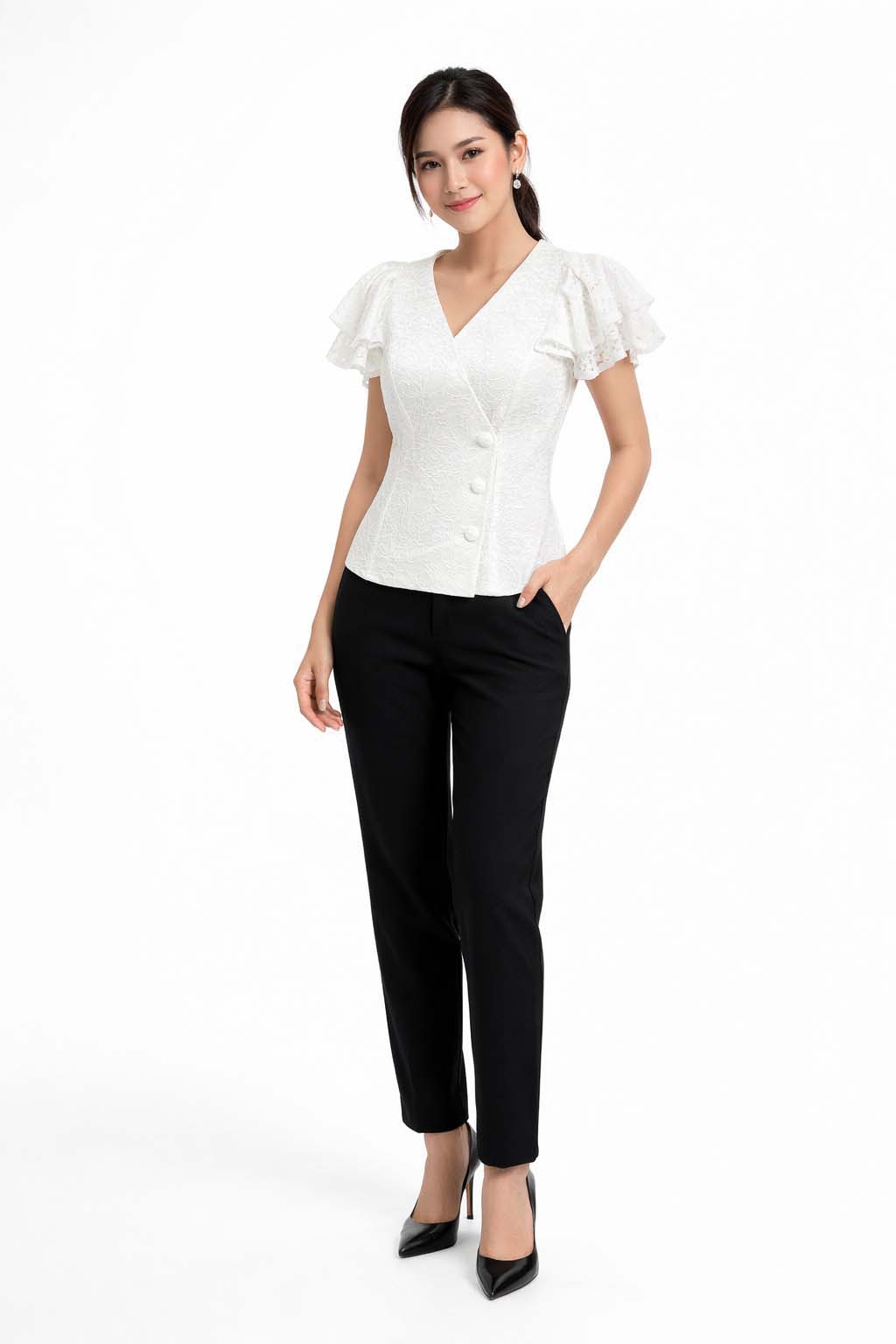 Ladies authentic Thai lace blouse for women with elegant floral lace, flutter ruffle sleeves, V-neck wrap-style neckline, decorative fabric-covered buttons and a tailored fitted silhouette. Women's Traditional Thai formal shirt perfect for weddings, temple visits, cultural ceremonies, festivals, parties and special occasions. Premium women's Thai lace top Amazon Etsy eBay Siam Regal