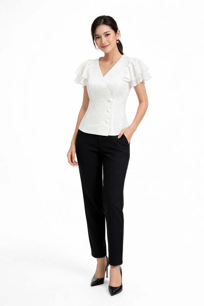 Ladies authentic Thai lace blouse for women with elegant floral lace, flutter ruffle sleeves, V-neck wrap-style neckline, decorative fabric-covered buttons and a tailored fitted silhouette. Women's Traditional Thai formal shirt perfect for weddings, temple visits, cultural ceremonies, festivals, parties and special occasions. Premium women's Thai lace top Amazon Etsy eBay Siam Regal