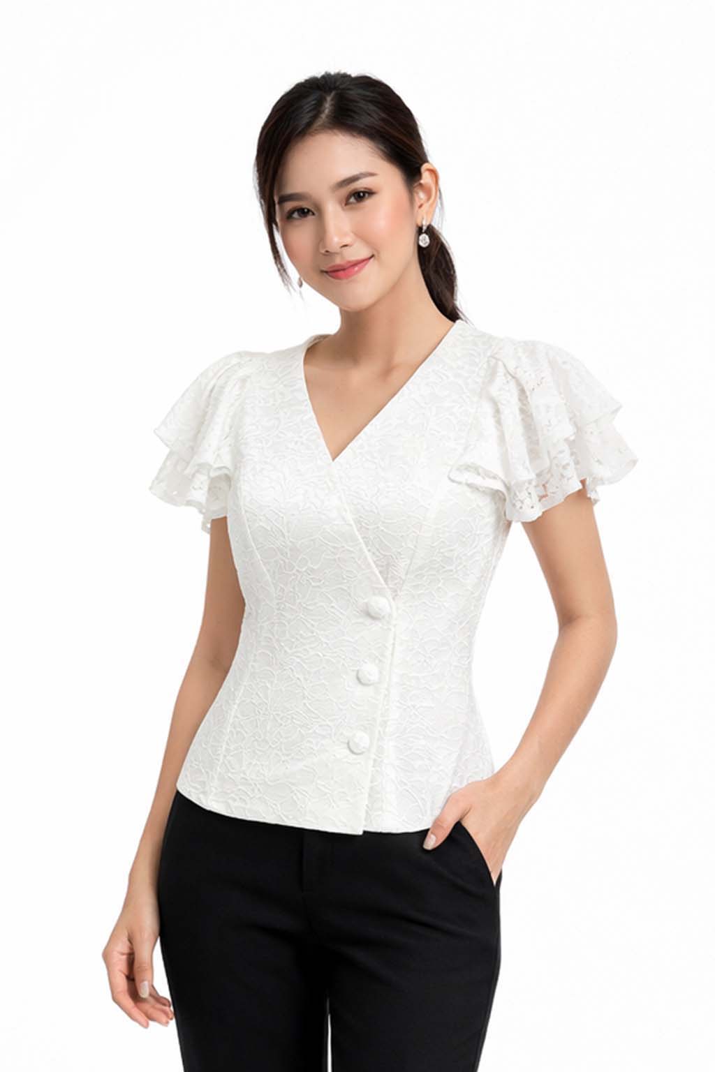 Ladies authentic Thai lace blouse for women with elegant floral lace, flutter ruffle sleeves, V-neck wrap-style neckline, decorative fabric-covered buttons and a tailored fitted silhouette. Women's Traditional Thai formal shirt perfect for weddings, temple visits, cultural ceremonies, festivals, parties and special occasions. Premium women's Thai lace top Amazon Etsy eBay Siam Regal