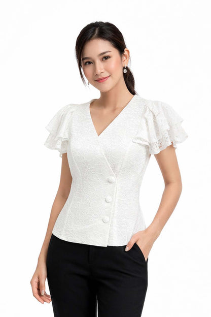 Ladies authentic Thai lace blouse for women with elegant floral lace, flutter ruffle sleeves, V-neck wrap-style neckline, decorative fabric-covered buttons and a tailored fitted silhouette. Women's Traditional Thai formal shirt perfect for weddings, temple visits, cultural ceremonies, festivals, parties and special occasions. Premium women's Thai lace top Amazon Etsy eBay Siam Regal