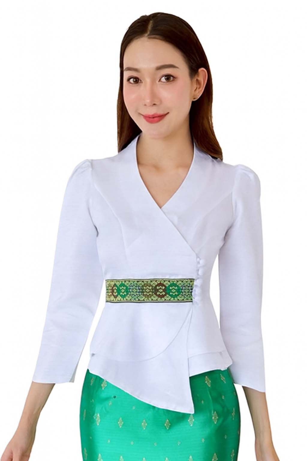 Ladies authentic Thai silk blouse for women with elegant long sleeves, V-neck wrap-style neckline, decorative fabric-covered buttons, traditional Thai woven waist trim and layered peplum hem. Tailored fitted silhouette inspired by classic Thai clothing, perfect for weddings, temple visits, cultural ceremonies, festivals, formal events and special occasions. Amazon Etsy eBay Siam Regal
