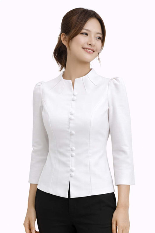 Ladies authentic Thai silk blouse for women with elegant 3/4 sleeves, Mandarin collar, traditional fabric-covered buttons, tailored fitted silhouette and puff shoulders. Women's Classic Thai formal shirt inspired by traditional Thai clothing, ideal for weddings, temple visits, cultural ceremonies, festivals, office wear and special occasions. Premium women's Thai blouse Amazon Etsy eBay Siam Regal