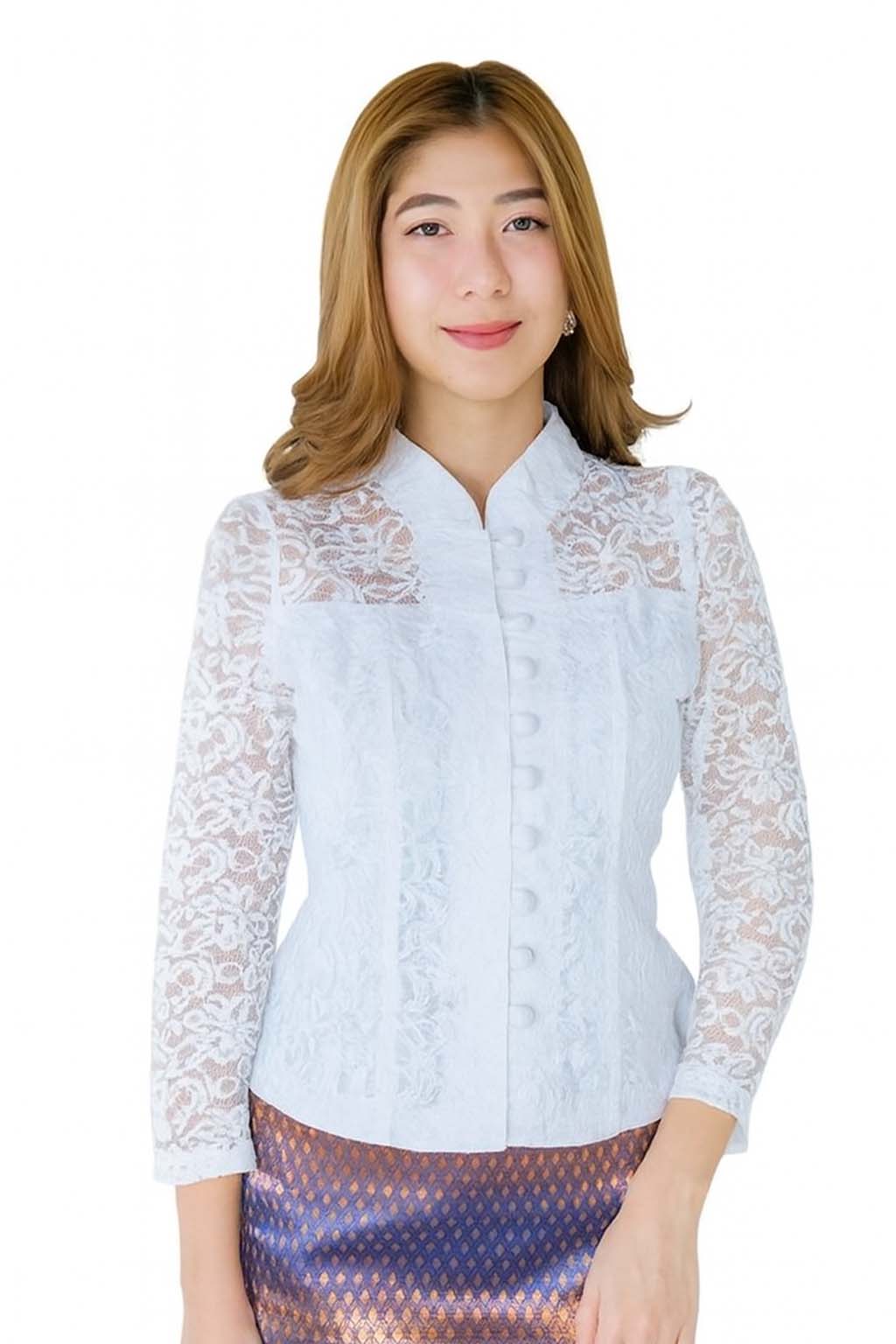 Ladies authentic Thai lace blouse for women featuring elegant floral lace, long sleeves, Mandarin collar, traditional fabric-covered buttons and a tailored fitted silhouette. Paired with a traditional Thai patterned sarong skirt, this classic Thai formal outfit is perfect for weddings, temple visits, cultural ceremonies, festivals, receptions and special occasions. Amazon Etsy eBay Siam Regal