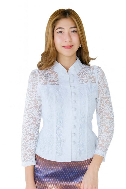 Ladies authentic Thai lace blouse for women featuring elegant floral lace, long sleeves, Mandarin collar, traditional fabric-covered buttons and a tailored fitted silhouette. Paired with a traditional Thai patterned sarong skirt, this classic Thai formal outfit is perfect for weddings, temple visits, cultural ceremonies, festivals, receptions and special occasions. Amazon Etsy eBay Siam Regal