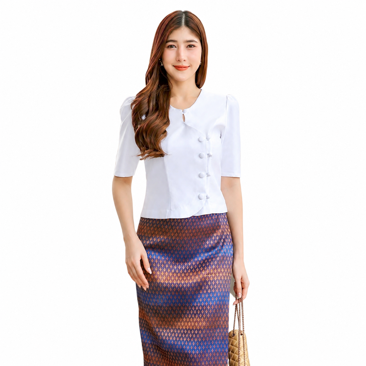 Ladies authentic Thai silk blouse for women with elegant half sleeves, round neckline, traditional fabric-covered buttons, asymmetrical wrap-front design and tailored fitted silhouette. Paired with a matching Thai silk skirt, this classic Thai formal outfit is perfect for weddings, temple visits, cultural ceremonies, business events, receptions and special occasions. Amazon Etsy eBay Siam Regal
