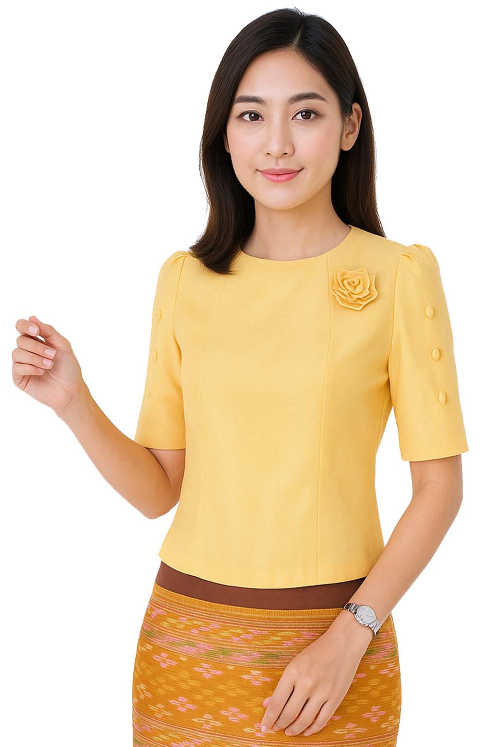 Ladies authentic Thai silk blouse for women with elegant half sleeves, round neckline, decorative fabric-covered buttons, floral brooch detail and a tailored fitted silhouette. Paired with a traditional Thai patterned sarong skirt, this classic Thai formal outfit is perfect for weddings, temple visits, cultural ceremonies, festivals, receptions and special occasions. Amazon Etsy eBay Siam Regal