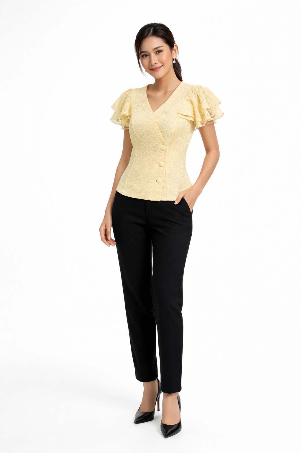 Ladies authentic Thai lace blouse for women with elegant floral lace, flutter ruffle sleeves, V-neck wrap-style neckline, decorative fabric-covered buttons and a tailored fitted silhouette. Women's Traditional Thai formal shirt perfect for weddings, temple visits, cultural ceremonies, festivals, parties and special occasions. Premium women's Thai lace top Amazon Etsy eBay Siam Regal