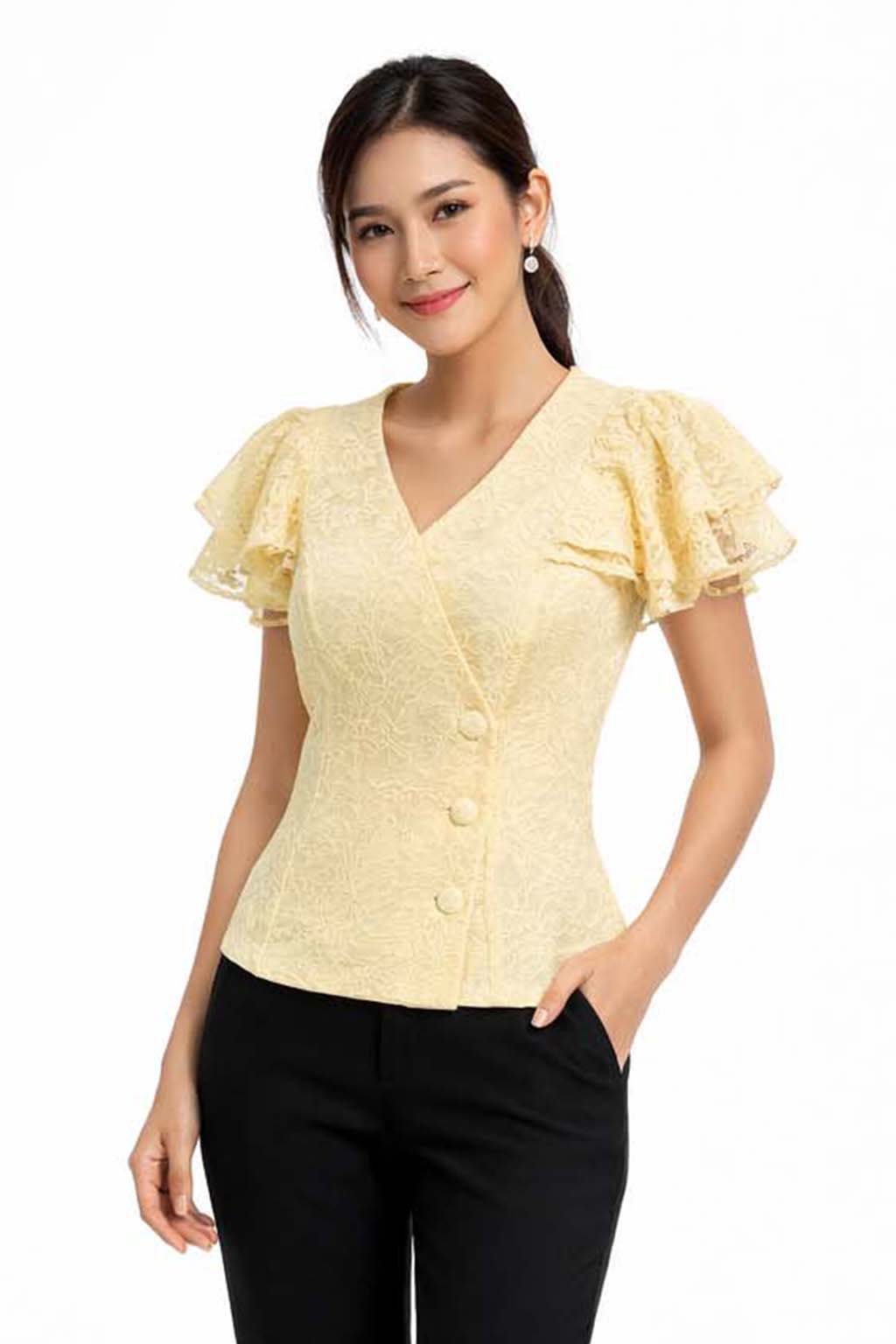 Ladies authentic Thai lace blouse for women with elegant floral lace, flutter ruffle sleeves, V-neck wrap-style neckline, decorative fabric-covered buttons and a tailored fitted silhouette. Women's Traditional Thai formal shirt perfect for weddings, temple visits, cultural ceremonies, festivals, parties and special occasions. Premium women's Thai lace top Amazon Etsy eBay Siam Regal
