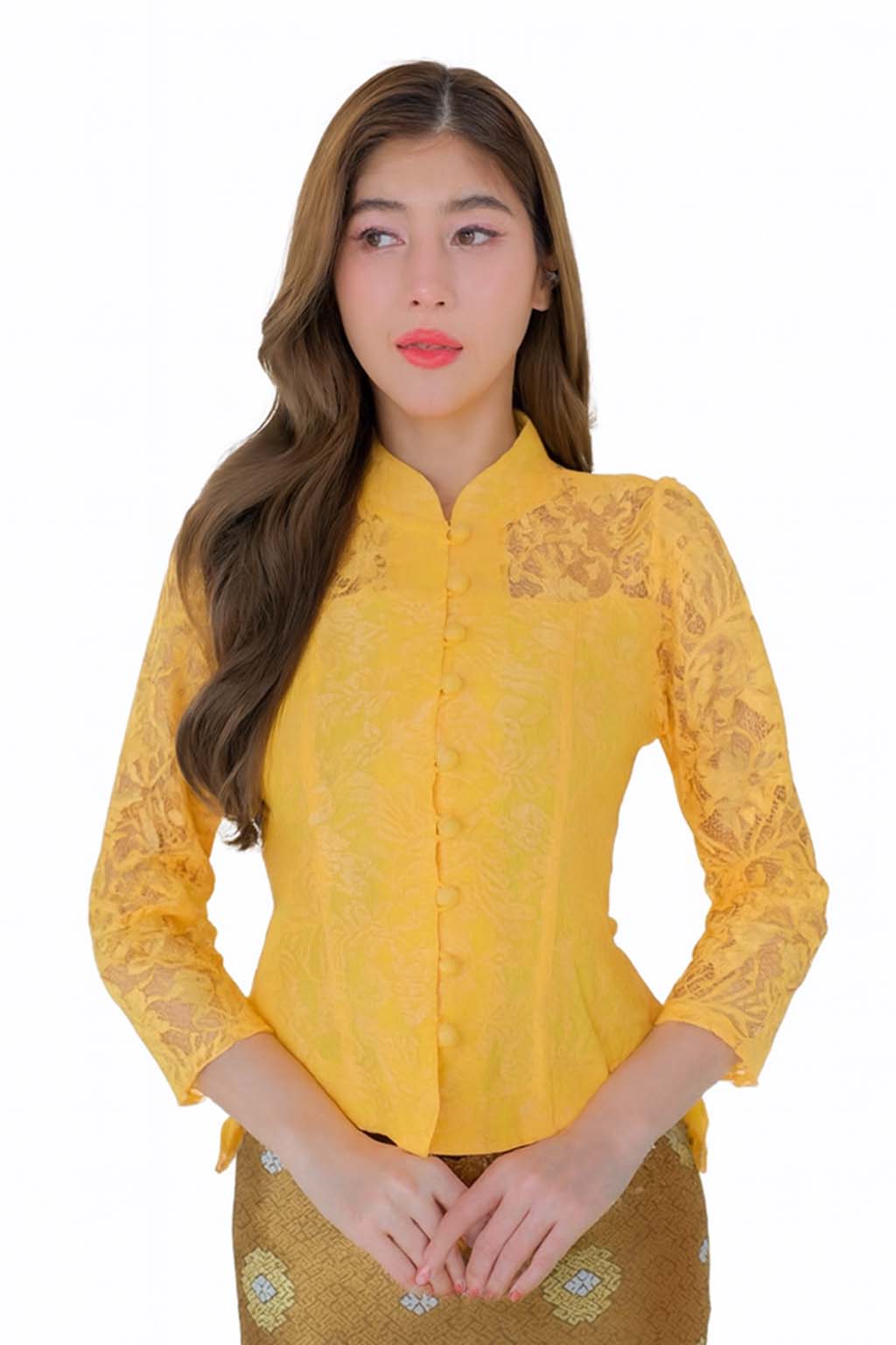 Ladies authentic Thai lace blouse for women featuring elegant floral lace, long sleeves, Mandarin collar, traditional fabric-covered buttons and a tailored fitted silhouette. Paired with a traditional Thai patterned sarong skirt, this classic Thai formal outfit is perfect for weddings, temple visits, cultural ceremonies, festivals, receptions and special occasions. Amazon Etsy eBay Siam Regal
