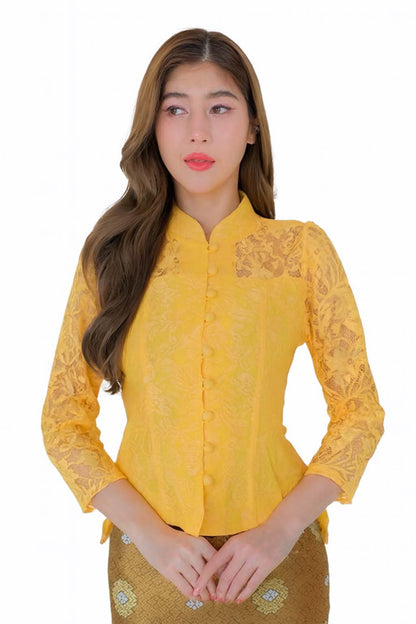 Ladies authentic Thai lace blouse for women featuring elegant floral lace, long sleeves, Mandarin collar, traditional fabric-covered buttons and a tailored fitted silhouette. Paired with a traditional Thai patterned sarong skirt, this classic Thai formal outfit is perfect for weddings, temple visits, cultural ceremonies, festivals, receptions and special occasions. Amazon Etsy eBay Siam Regal