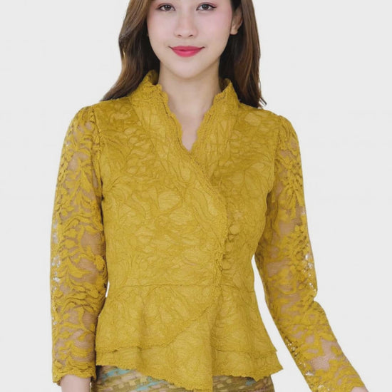 Ladies authentic Thai lace blouse for women featuring elegant floral lace, long sleeves, scalloped high neckline, wrap-style design, decorative fabric-covered buttons, peplum waist and tailored fitted silhouette. Paired with a traditional Thai patterned sarong skirt, this classic Thai outfit is perfect for weddings, temple visits, cultural ceremonies, festivals, formal events and special occasions. Amazon Etsy eBay Siam Regal