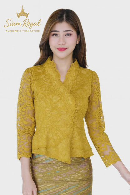 Ladies authentic Thai lace blouse for women featuring elegant floral lace, long sleeves, scalloped high neckline, wrap-style design, decorative fabric-covered buttons, peplum waist and tailored fitted silhouette. Paired with a traditional Thai patterned sarong skirt, this classic Thai outfit is perfect for weddings, temple visits, cultural ceremonies, festivals, formal events and special occasions. Amazon Etsy eBay Siam Regal
