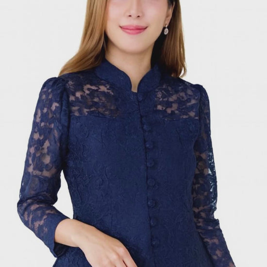 Ladies authentic Thai lace blouse for women featuring elegant floral lace, long sleeves, Mandarin collar, traditional fabric-covered buttons and a tailored fitted silhouette. Paired with a traditional Thai patterned sarong skirt, this classic Thai formal outfit is perfect for weddings, temple visits, cultural ceremonies, festivals, receptions and special occasions. Amazon Etsy eBay Siam Regal