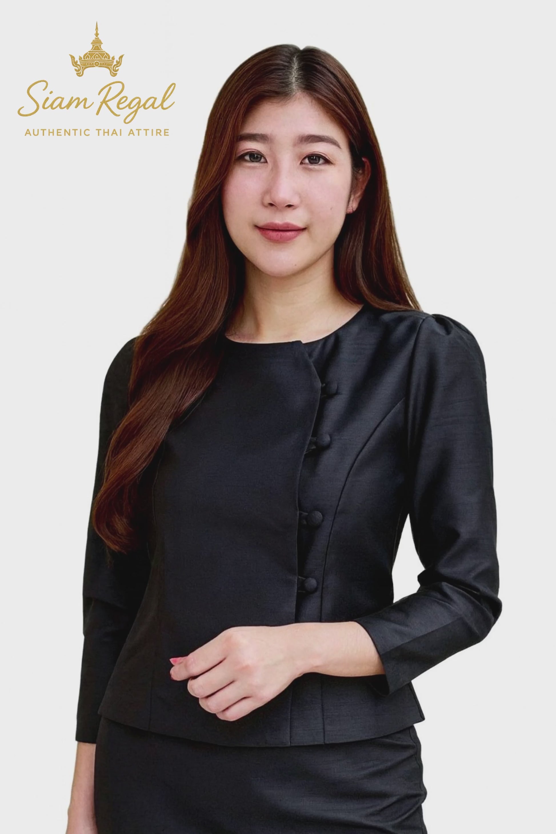Woman wearing an authentic Thai silk blouse with a fitted tailored design, elegant long sleeves, and traditional fabric button detailing, paired with a gold patterned Thai silk sarong skirt. Classic Thai formal attire ideal for weddings, temple ceremonies, cultural festivals, traditional performances, formal events, and celebrations. Premium Thai silk craftsmanship photographed on a pure white background to showcase the garment's true color and design
