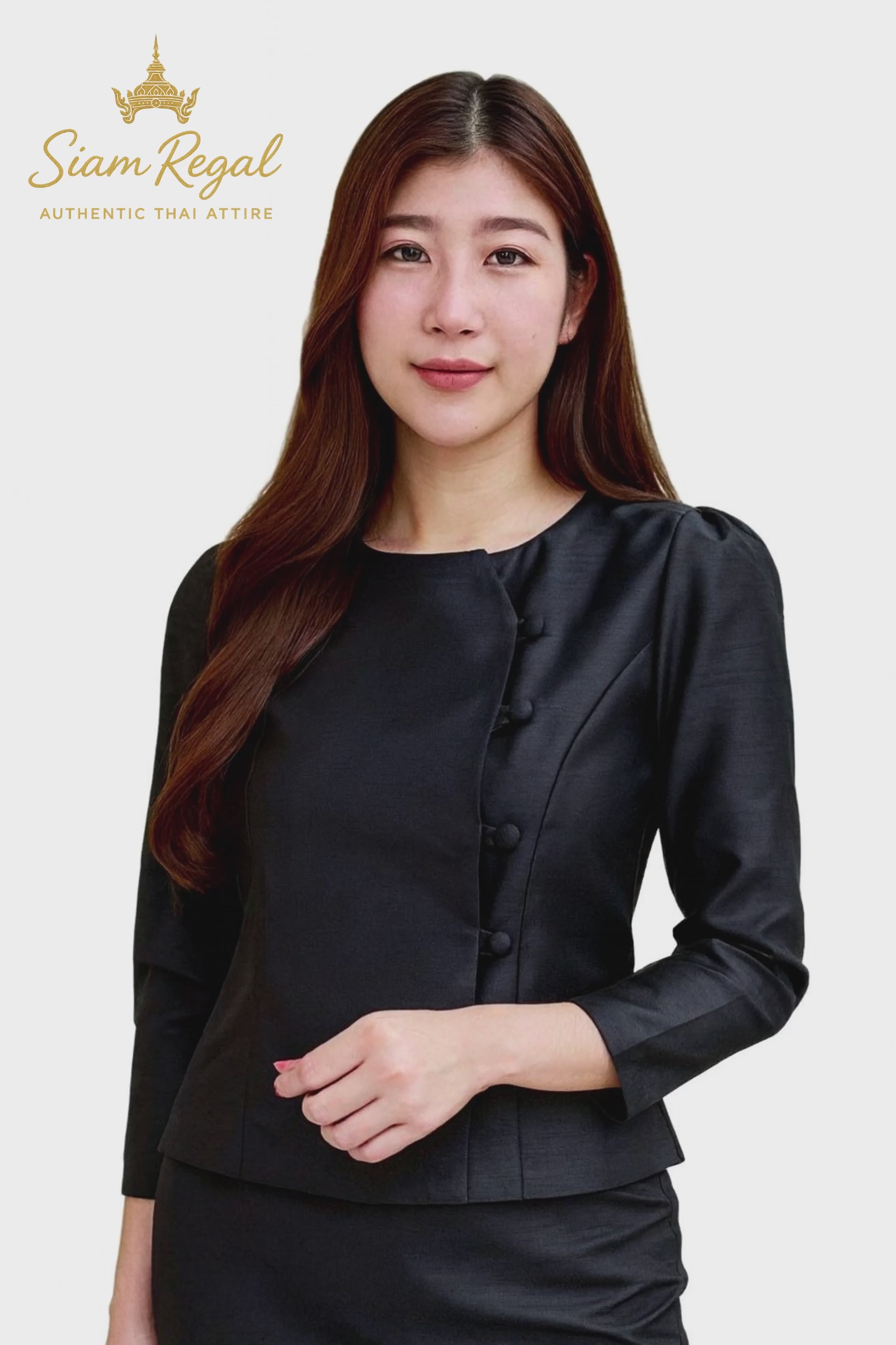 Woman wearing an authentic Thai silk blouse with a fitted tailored design, elegant long sleeves, and traditional fabric button detailing, paired with a gold patterned Thai silk sarong skirt. Classic Thai formal attire ideal for weddings, temple ceremonies, cultural festivals, traditional performances, formal events, and celebrations. Premium Thai silk craftsmanship photographed on a pure white background to showcase the garment's true color and design