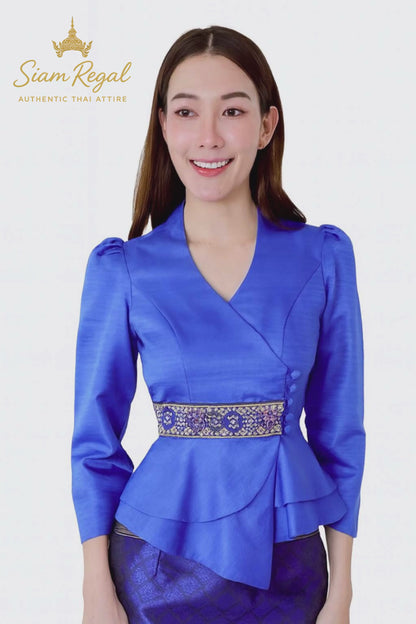 Ladies authentic Thai silk blouse for women with elegant long sleeves, V-neck wrap-style neckline, decorative fabric-covered buttons, traditional Thai woven waist trim and layered peplum hem. Tailored fitted silhouette inspired by classic Thai clothing, perfect for weddings, temple visits, cultural ceremonies, festivals, formal events and special occasions. Amazon Etsy eBay Siam Regal