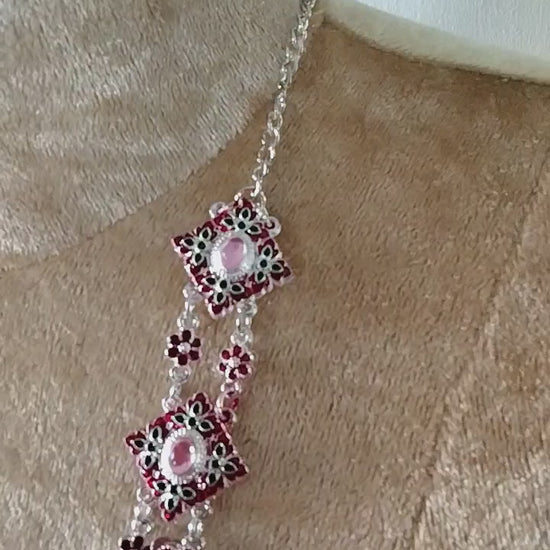 Authentic Thai wedding jewelry set in silver featuring an ornate statement necklace, matching earrings, engraved waist belt and traditional shoulder chain with pink gemstone accents. Inspired by classic Thai royal bridal jewelry, this luxury Thai accessory set is perfect for Thai weddings, cultural ceremonies, traditional dance, festivals, pageants and formal occasions. Amazon Etsy eBay Siam Regal