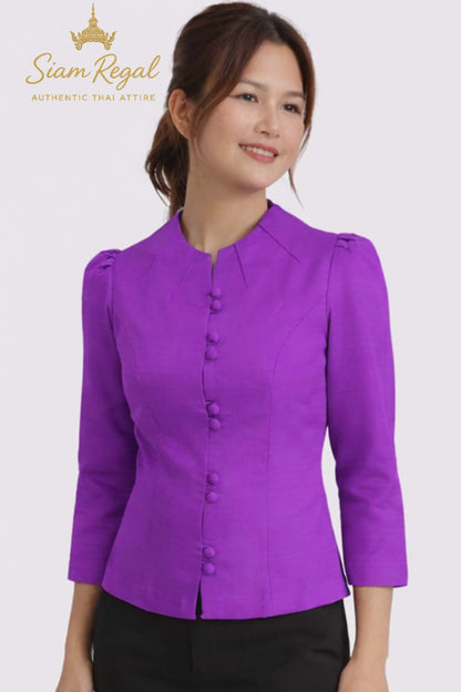 Ladies authentic Thai silk blouse for women with elegant 3/4 sleeves, Mandarin collar, traditional fabric-covered buttons, tailored fitted silhouette and puff shoulders. Women's Classic Thai formal shirt inspired by traditional Thai clothing, ideal for weddings, temple visits, cultural ceremonies, festivals, office wear and special occasions. Premium women's Thai blouse Amazon Etsy eBay Siam Regal
